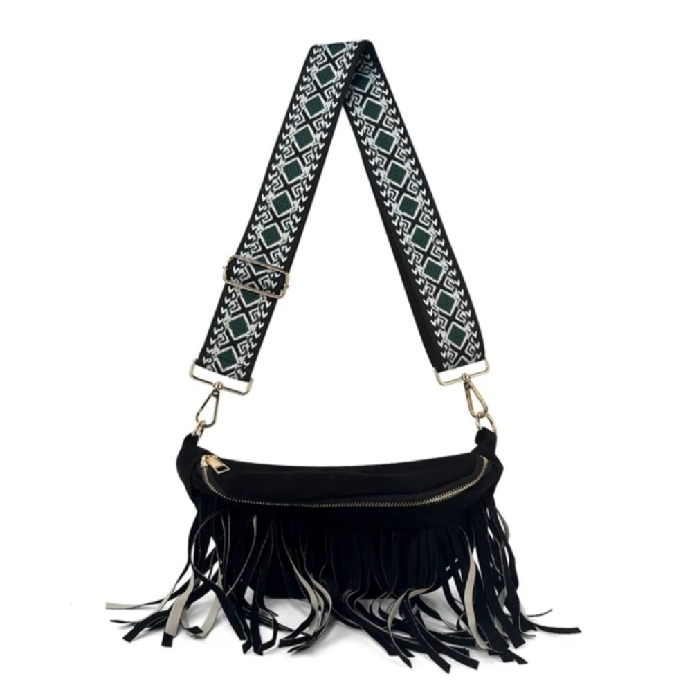 Black Suede Belt Bag With Guitar Strap